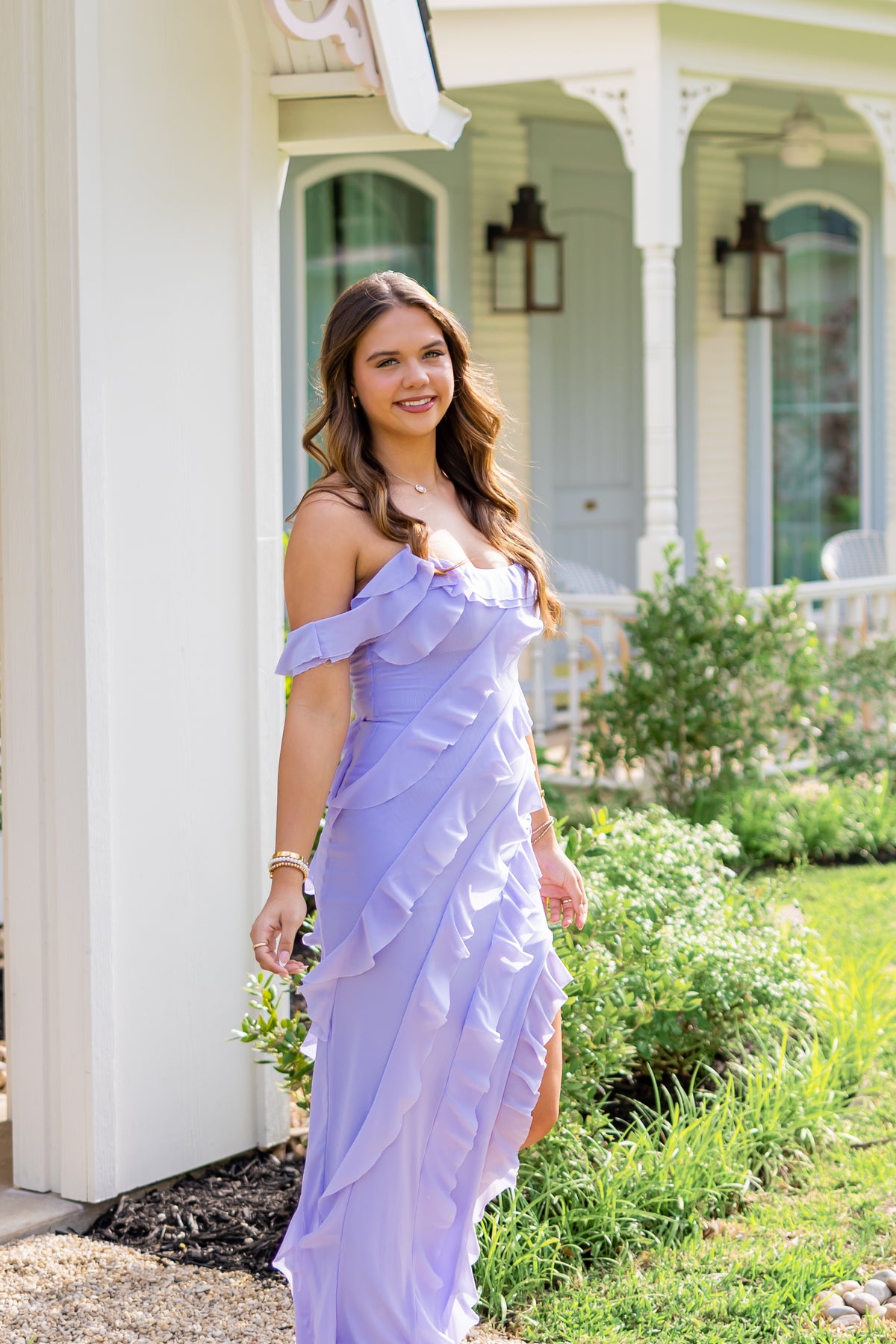 Pastel Lavender Off-Shoulder Maxi Dress