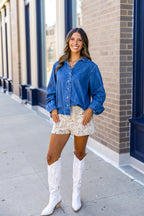 Denim Long Sleeve Ruffle Collar Top