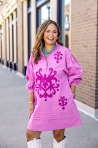 Pinky Purple Long Sleeve Applique Mini Dress