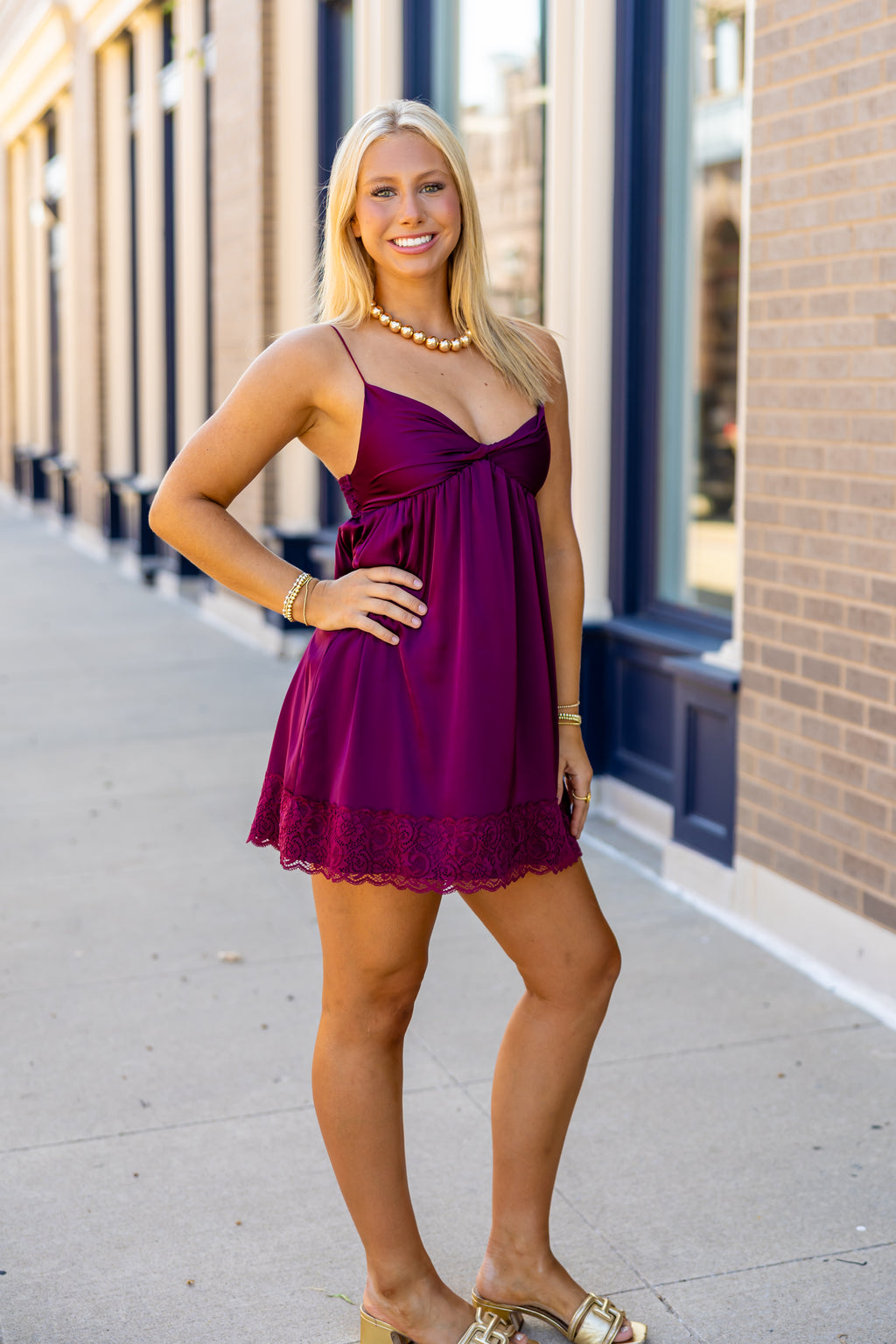 Maroon Satin Mini Dress with Lace Detail