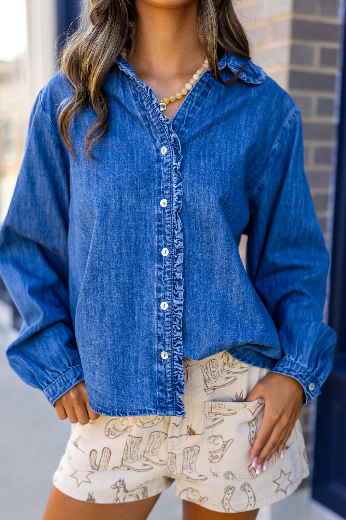Denim Long Sleeve Ruffle Collar Top
