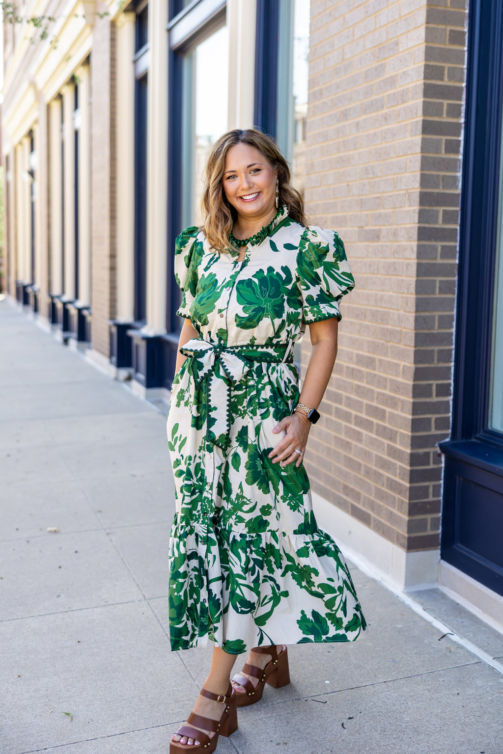 Hunter Green and Cream Belted Midi Dress