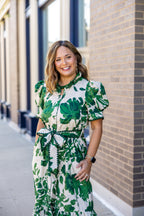 Hunter Green and Cream Belted Midi Dress