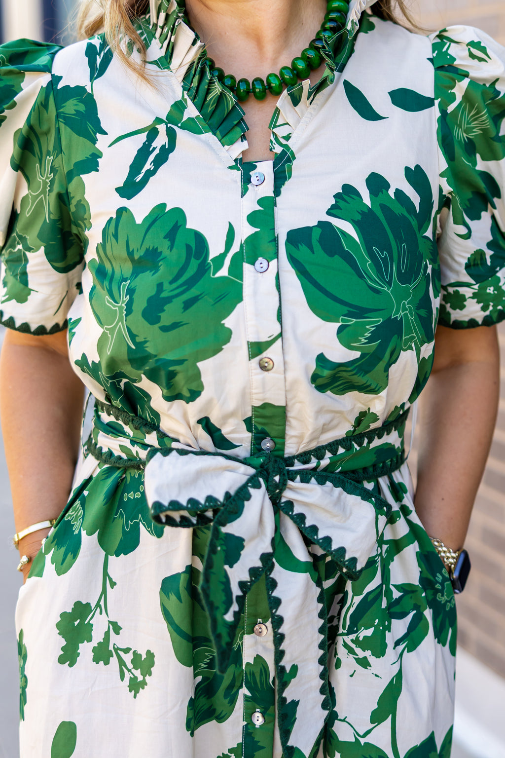 Hunter Green and Cream Belted Midi Dress
