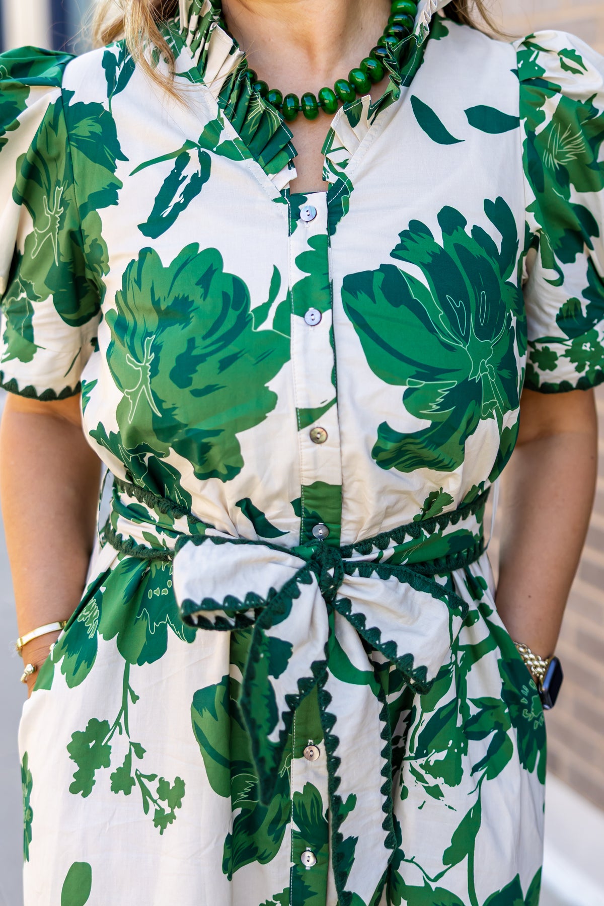 Hunter Green and Cream Belted Midi Dress