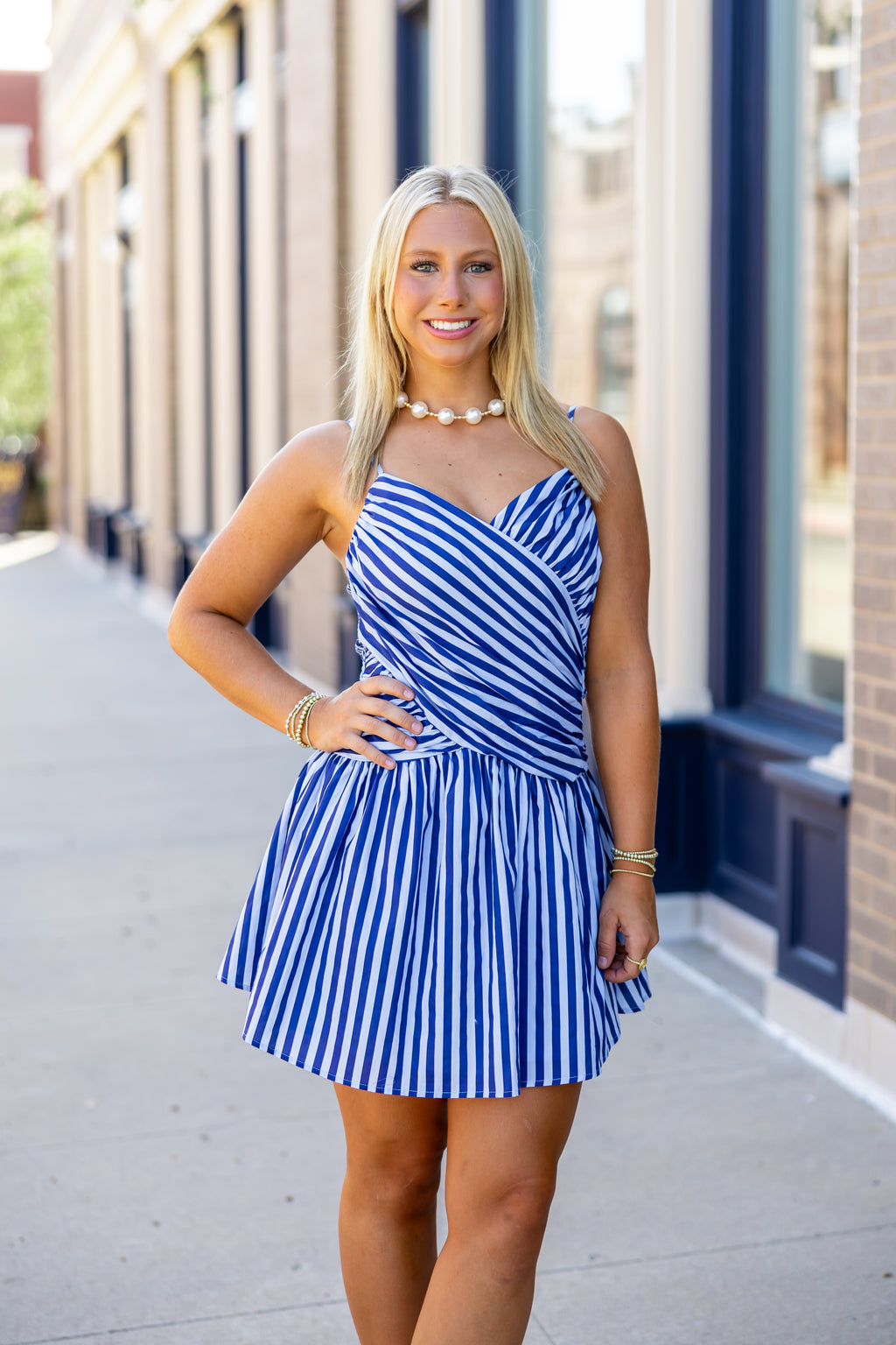 Navy Blue Striped Wrap Mini Dress