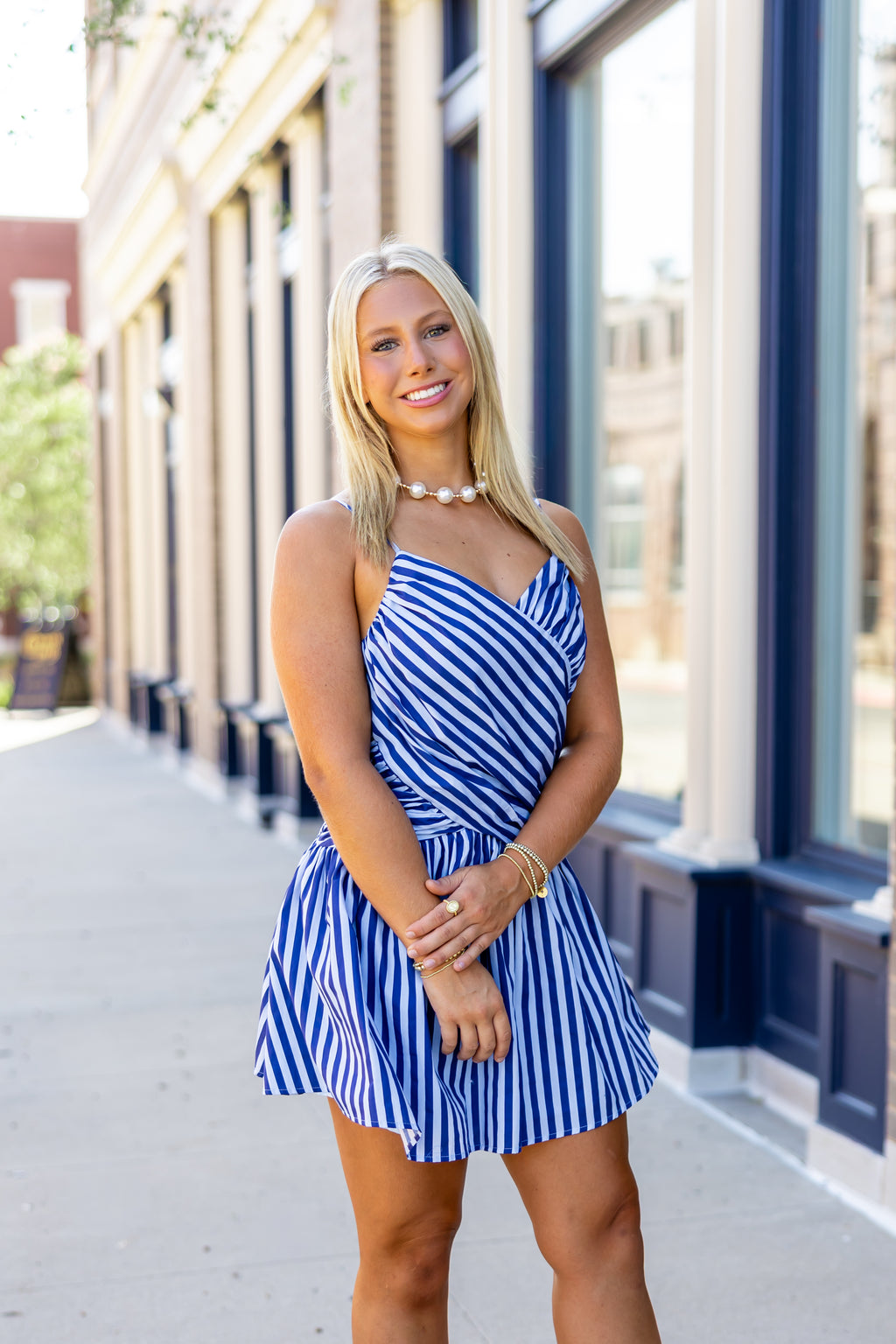 Navy Blue Striped Wrap Mini Dress