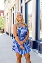 Navy Blue Striped Wrap Mini Dress