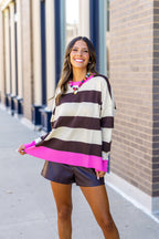 Brown, Cream, and Pink Striped Sweater