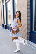 White Denim Pinstripe Zip Up Mini Dress
