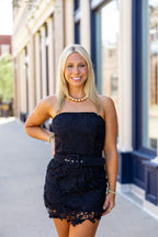 Black Overlay Lace Belted Mini Dress