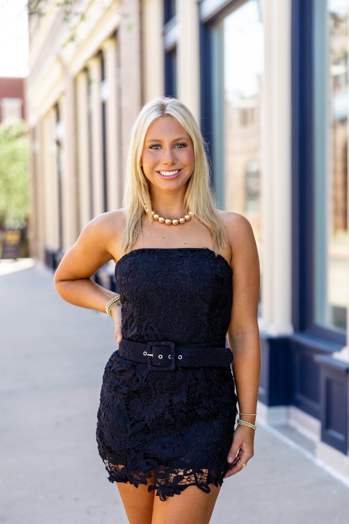 Black Overlay Lace Belted Mini Dress