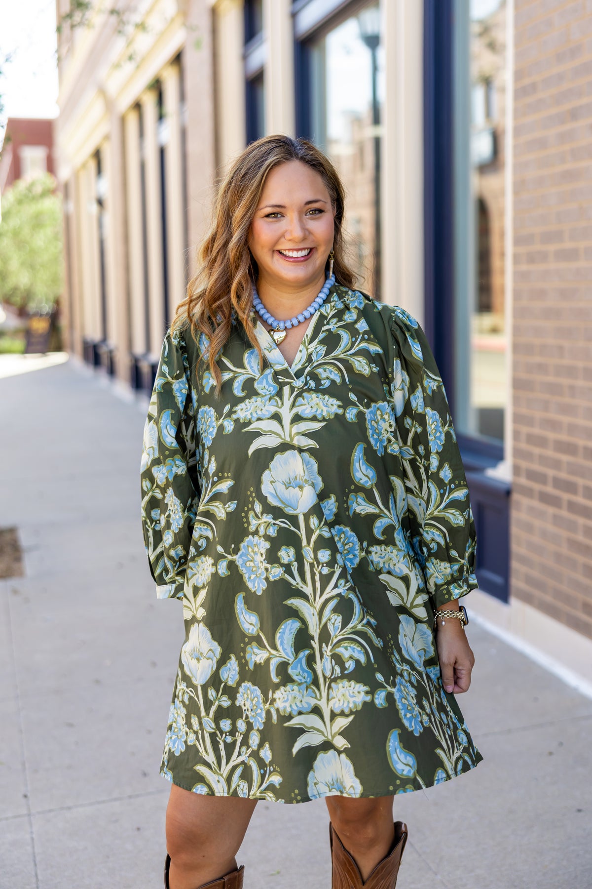 Olive Blue Cream Floral Mini Dress
