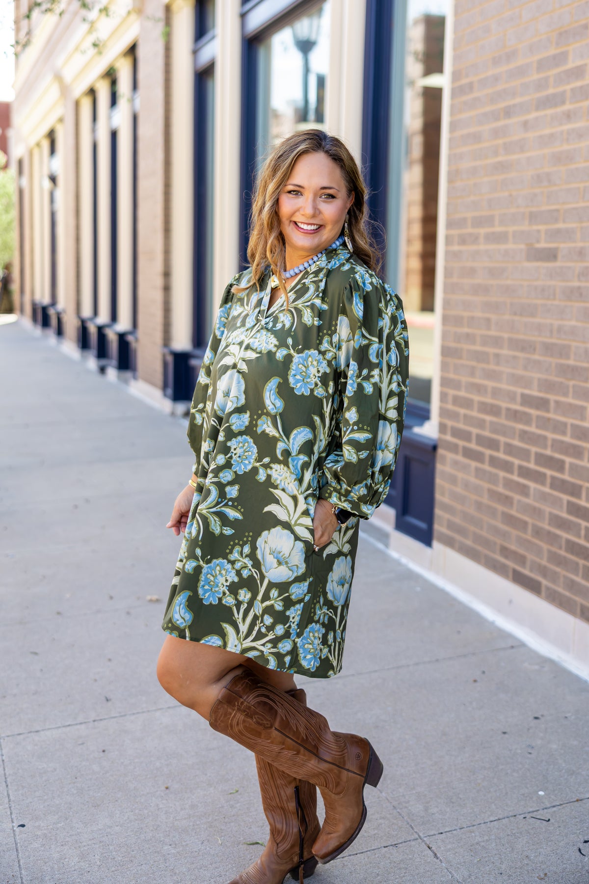 Olive Blue Cream Floral Mini Dress