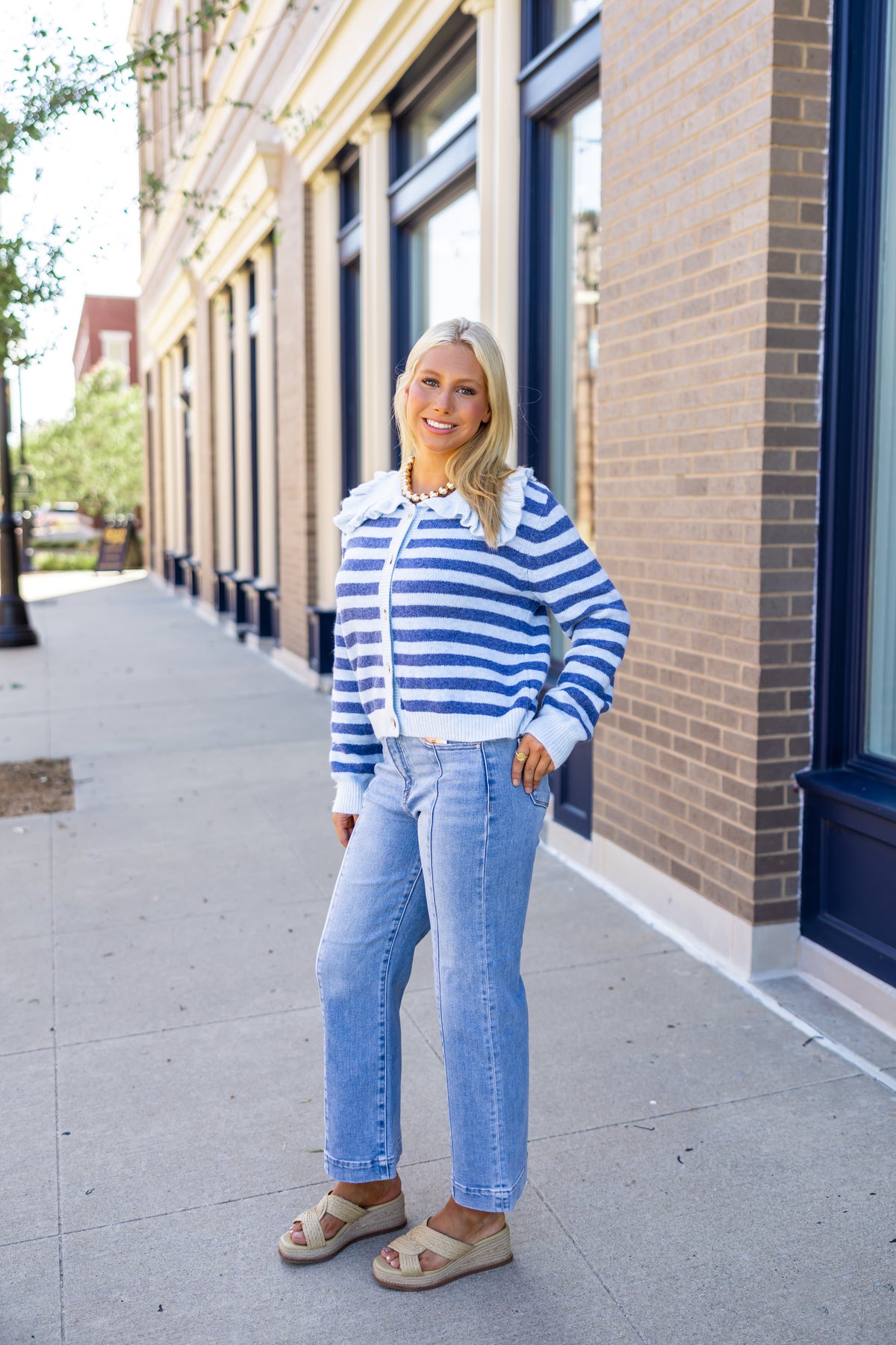 Blue Navy Ruffle Collar Cardigan
