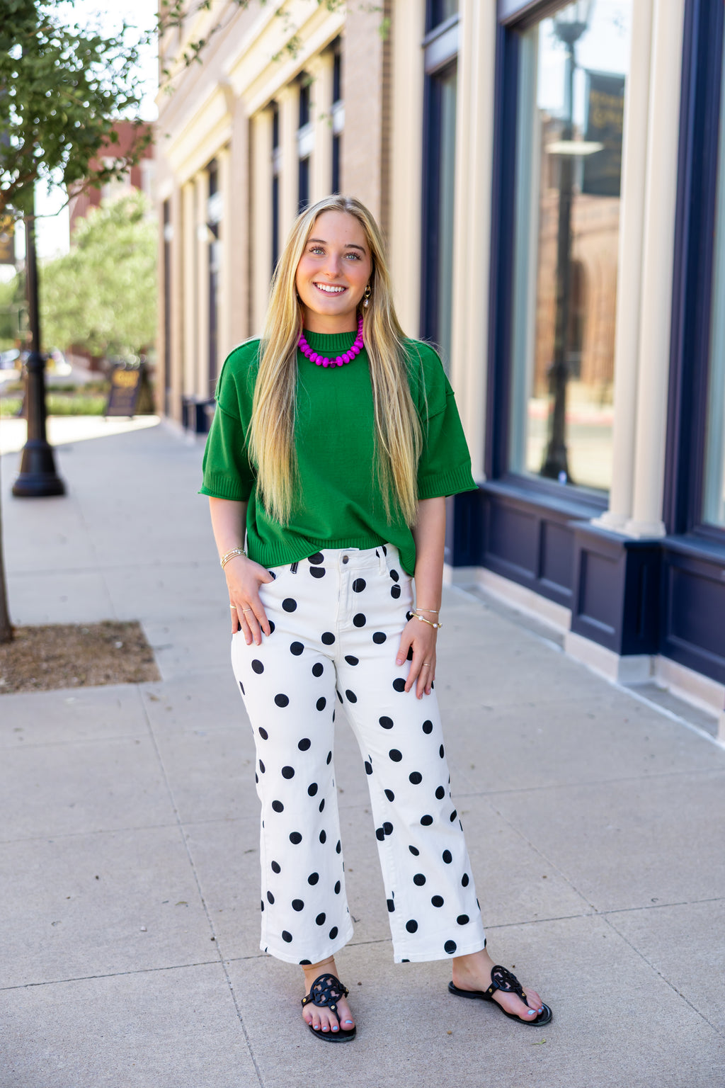 Cream Black Polka Dot Denim Pants