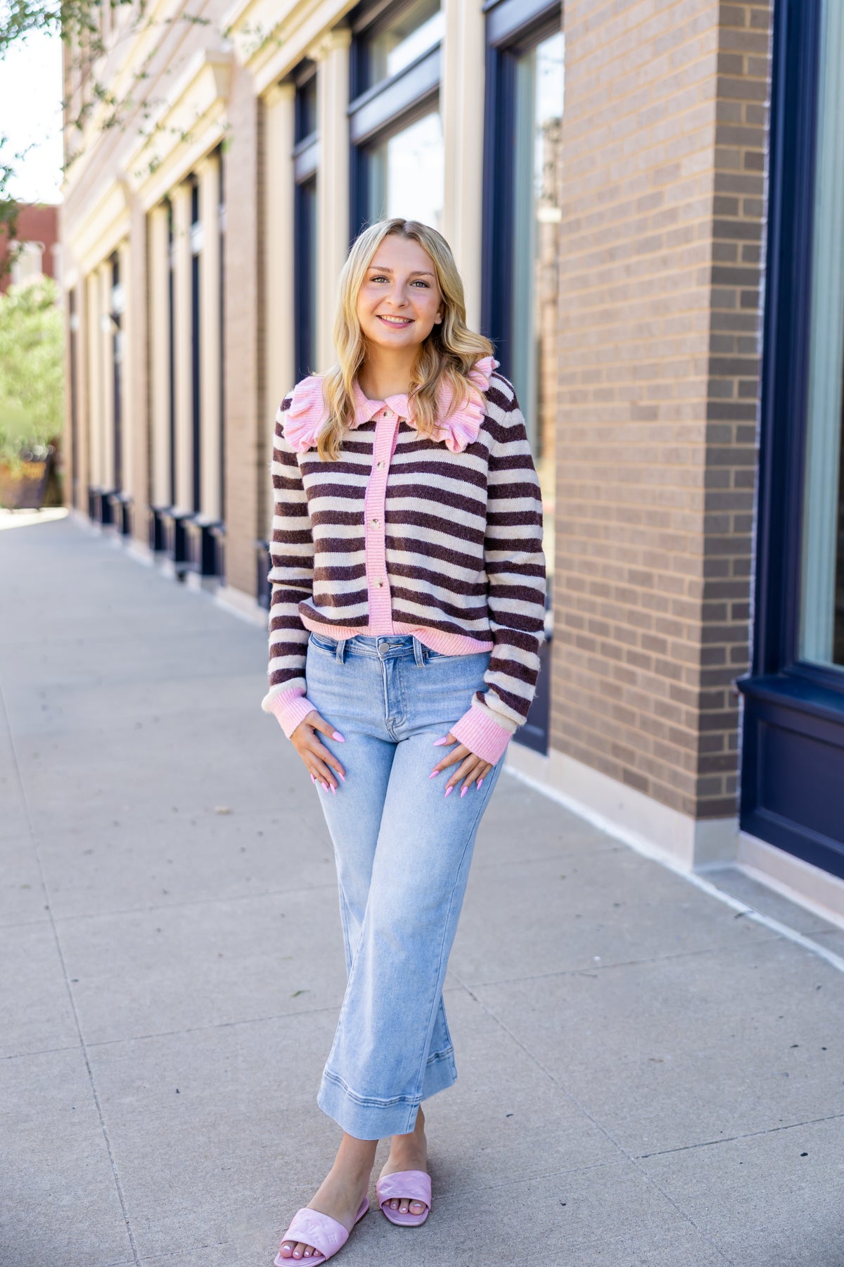 Pink Brown Ruffle Collar Cardigan