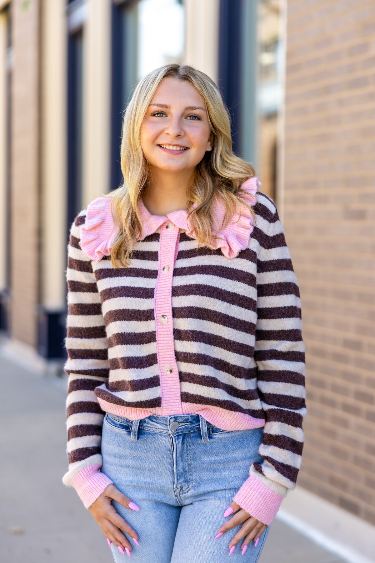 Pink Brown Ruffle Collar Cardigan