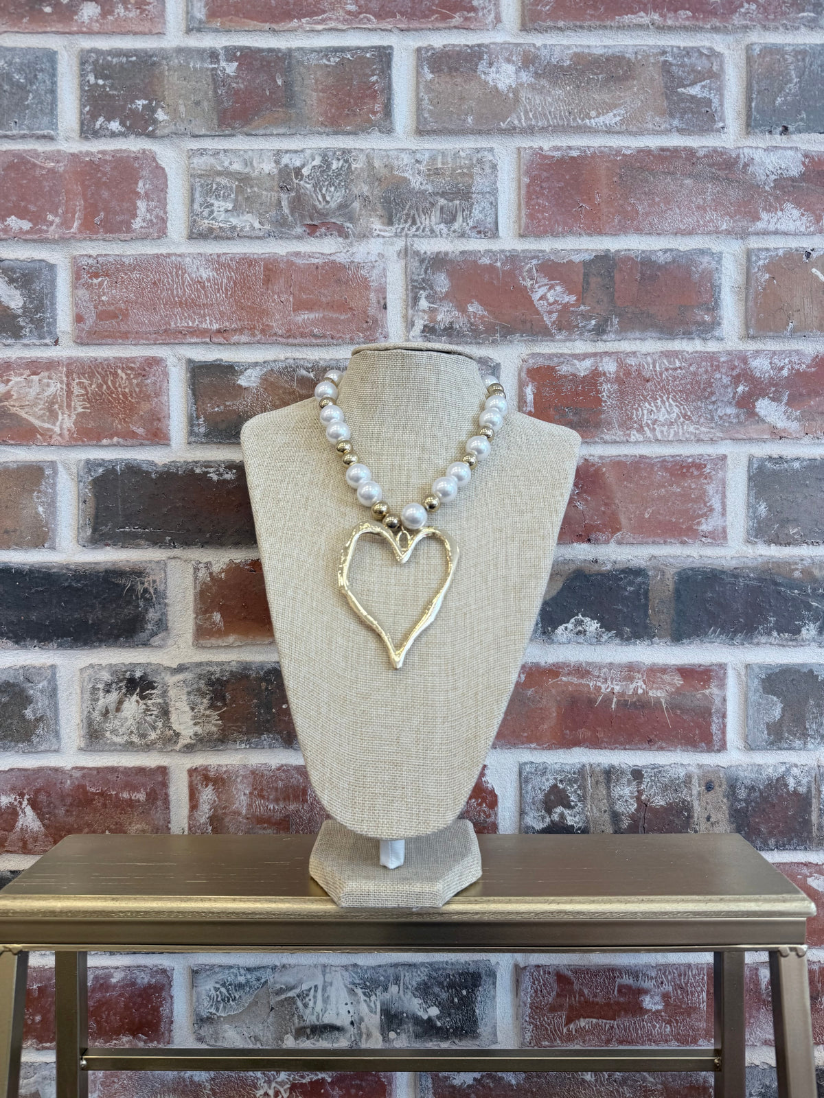 Chunky Heart Necklace Pearl and Gold
