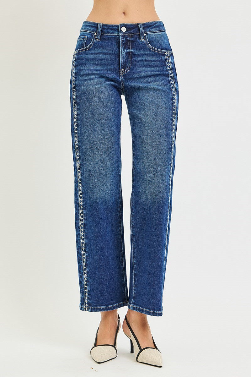OL Risen Mid Rise Embroidered Detail Denim Jeans