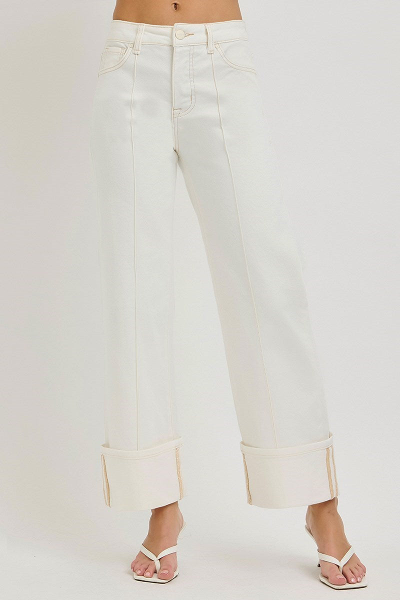 Risen Cream Cropped and Cuffed Denim Jeans