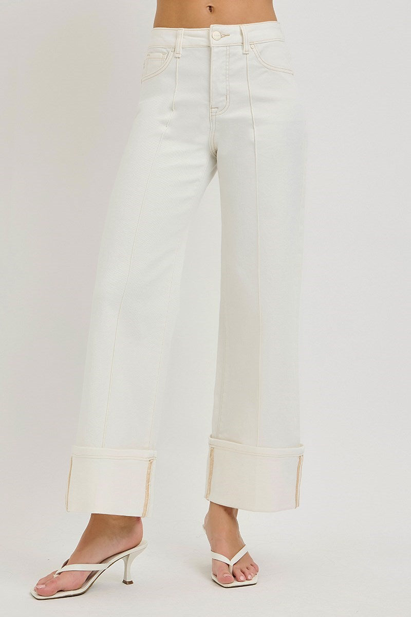 Risen Cream Cropped and Cuffed Denim Jeans