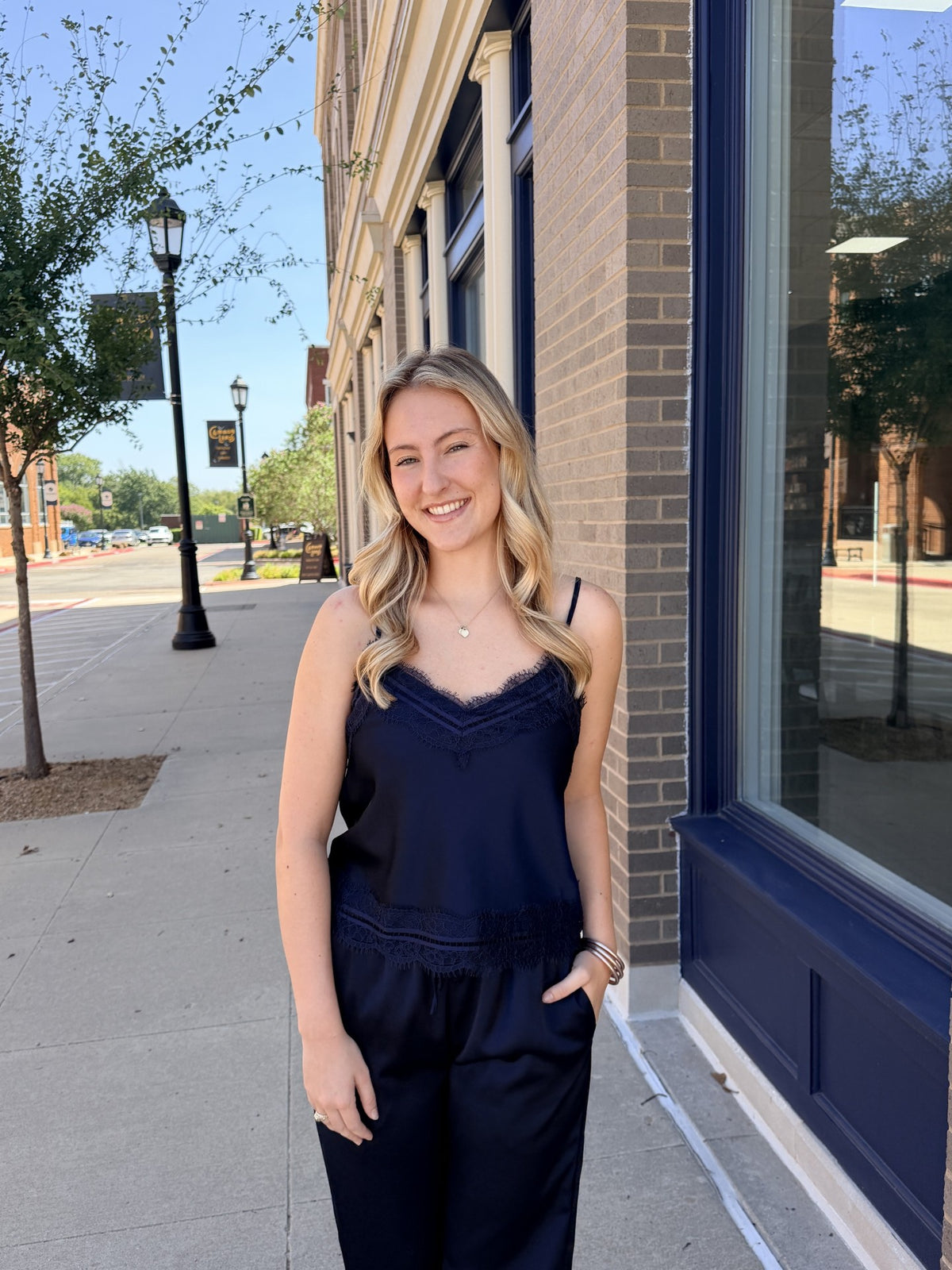 Navy Lace Trim Top