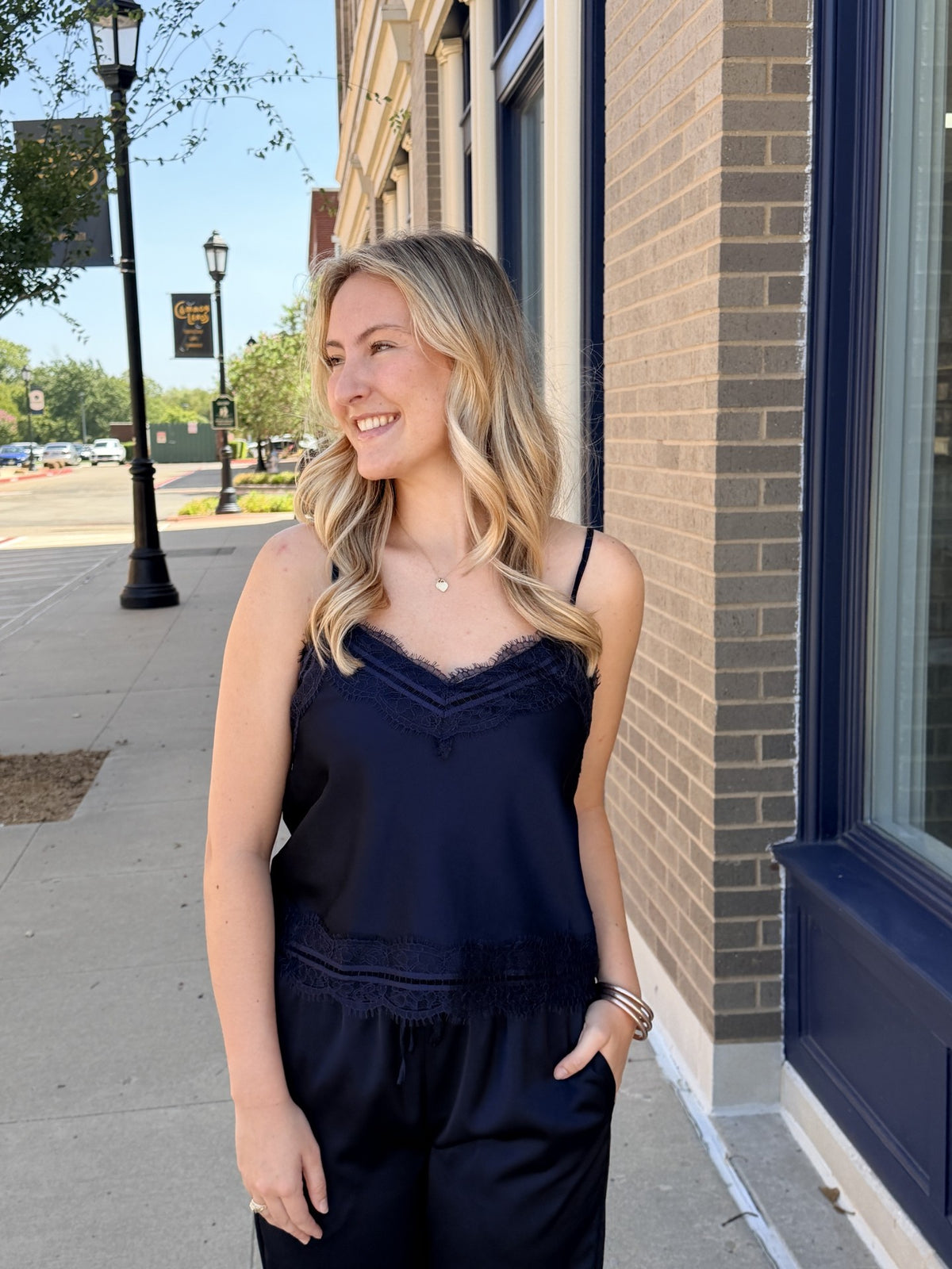 Navy Lace Trim Top
