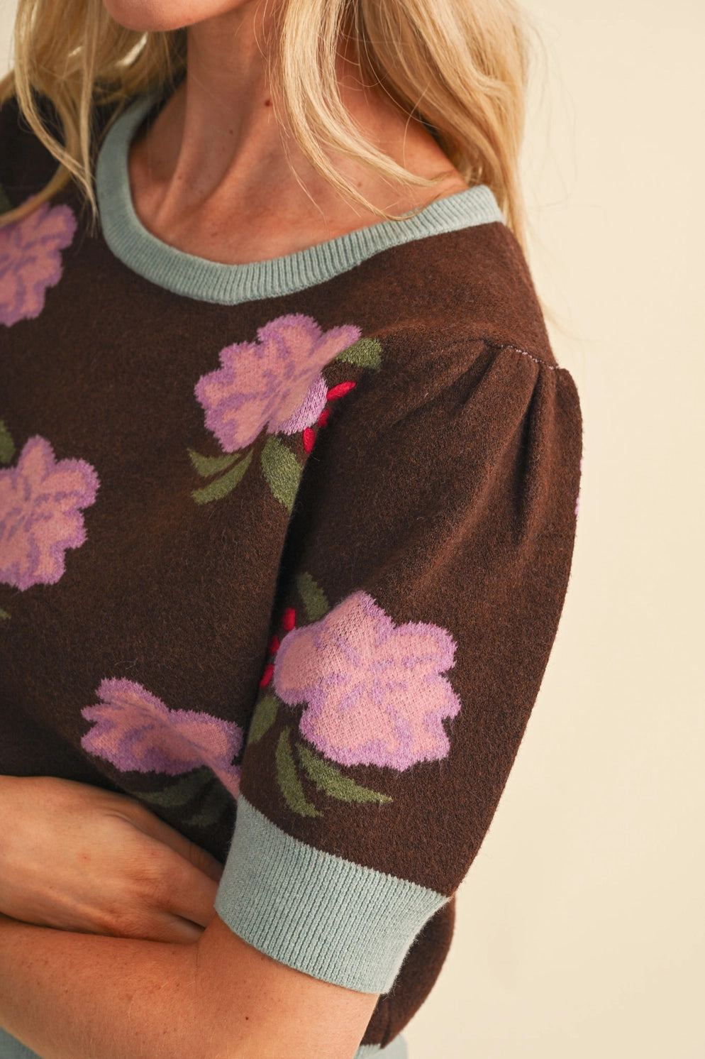 Brown Lavender and Pink Floral Short Sleeve Sweater