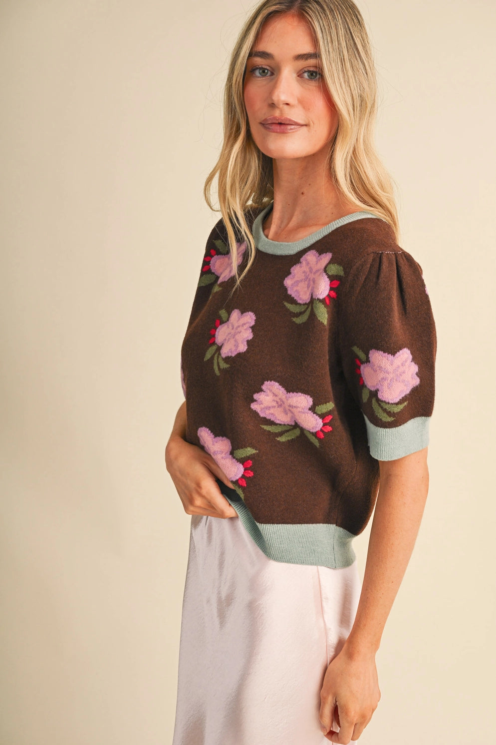 Brown Lavender and Pink Floral Short Sleeve Sweater