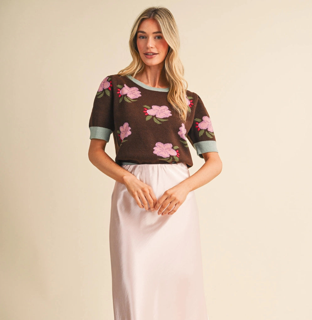 Brown Lavender and Pink Floral Short Sleeve Sweater