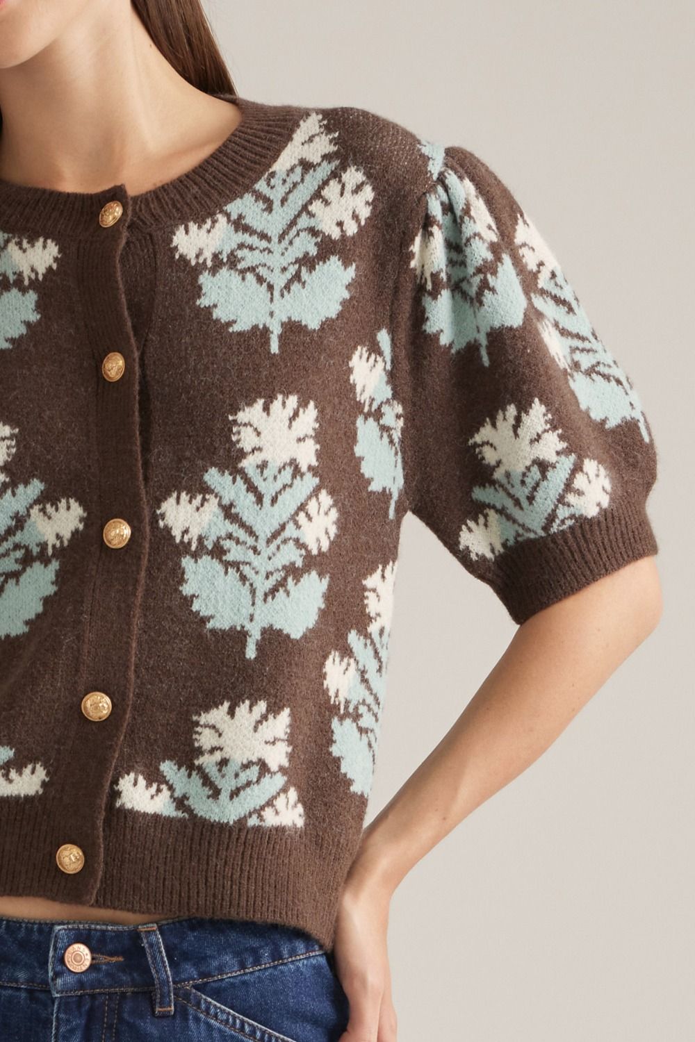 OL Brown Aqua Fall Leaf Cardigan Sweater