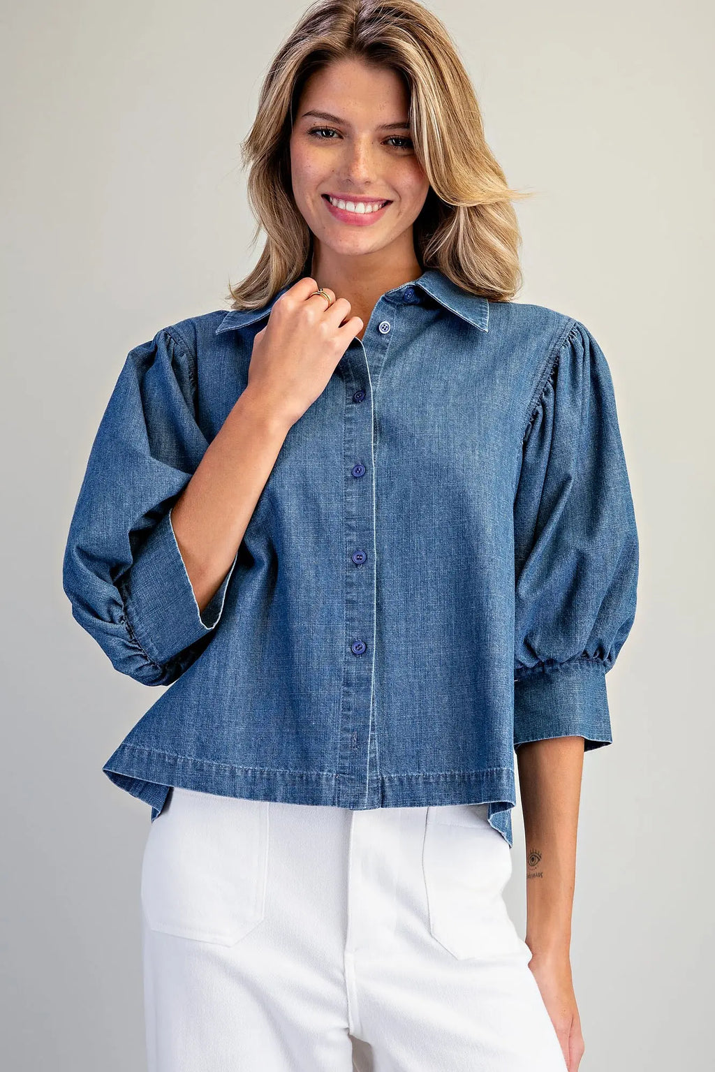 Denim 3/4 Puff Sleeve Top