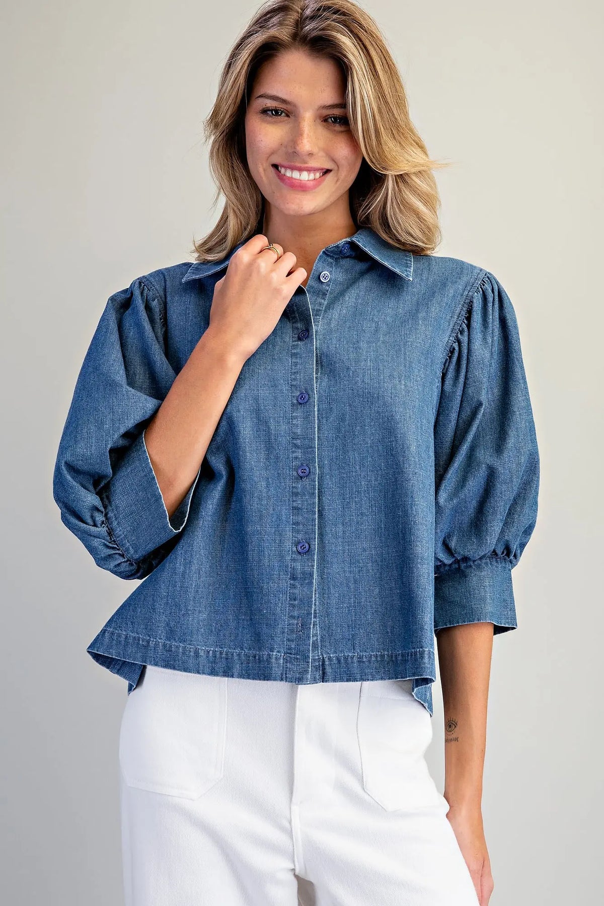 Denim 3/4 Puff Sleeve Top