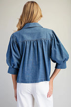 Denim 3/4 Puff Sleeve Top