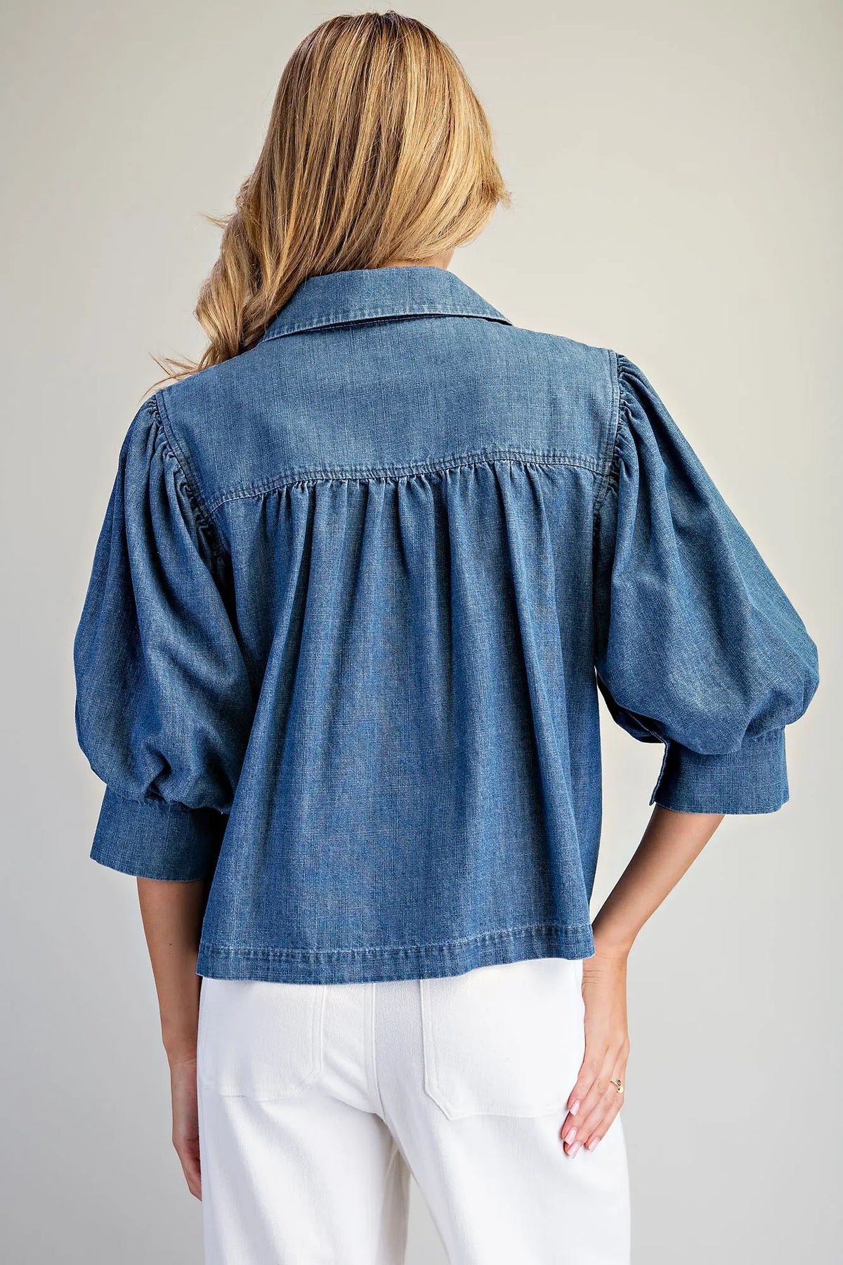 Denim 3/4 Puff Sleeve Top