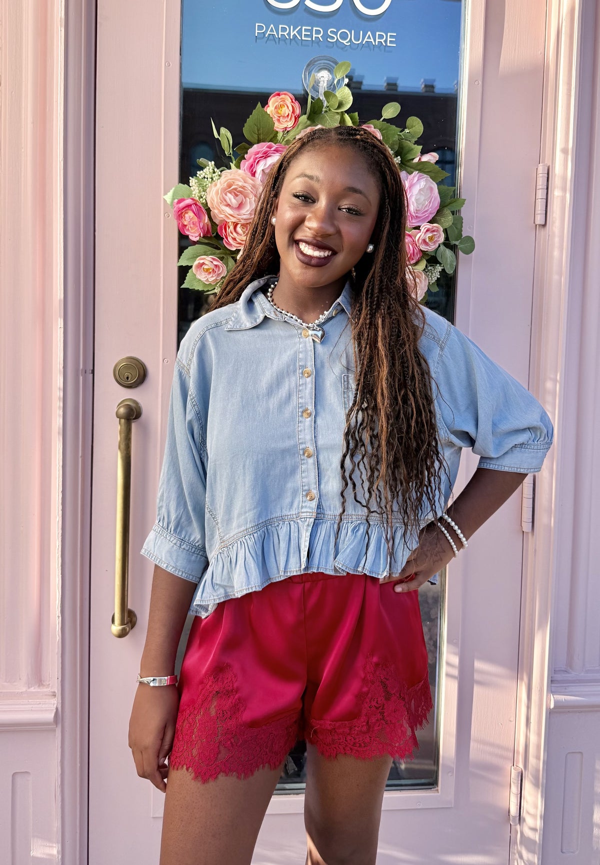 Chambray Light Denim Ruffle Top