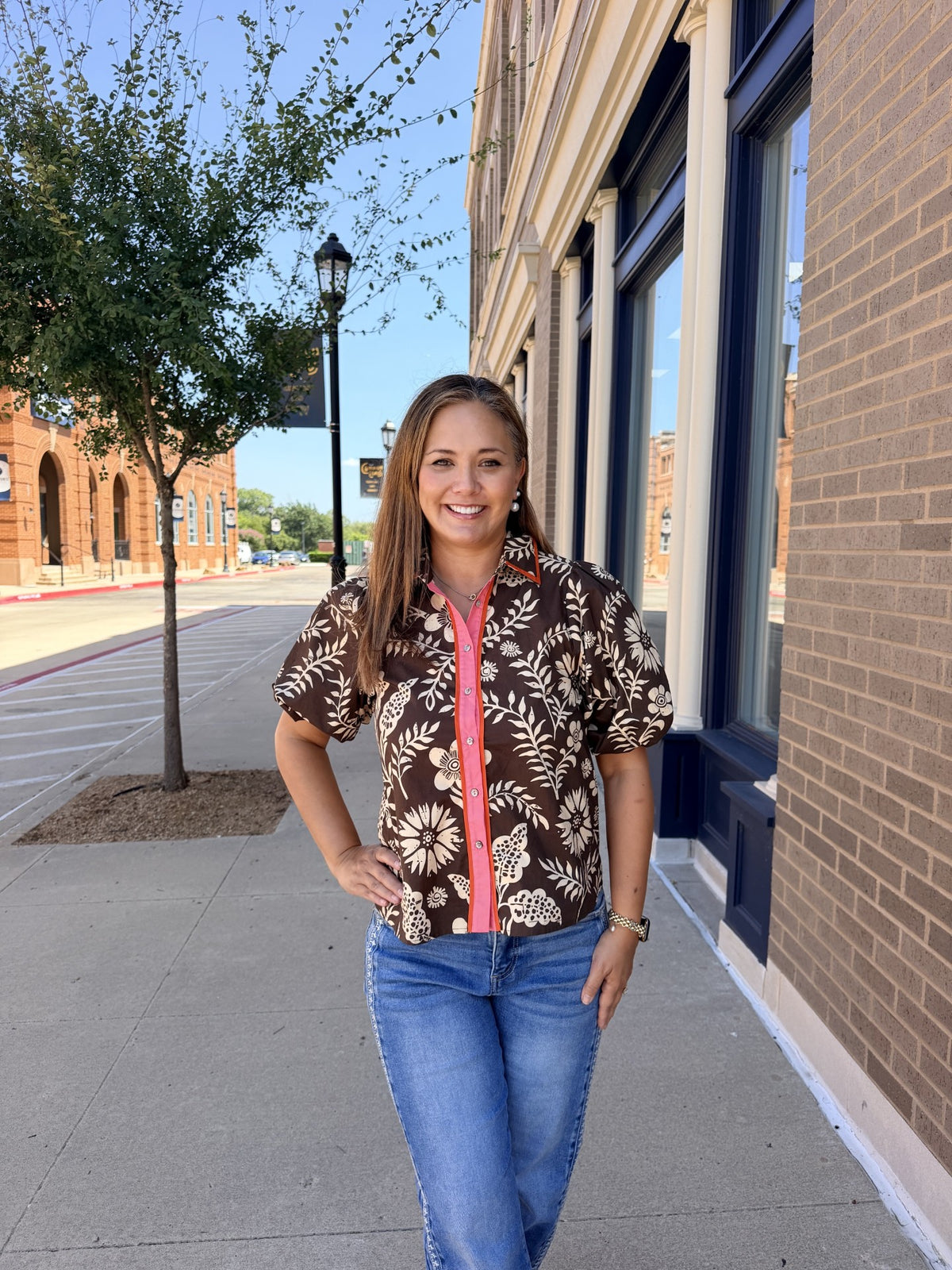 THML Brown Tan Orange Floral Top