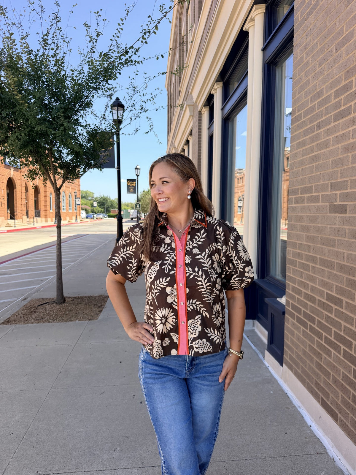 THML Brown Tan Orange Floral Top
