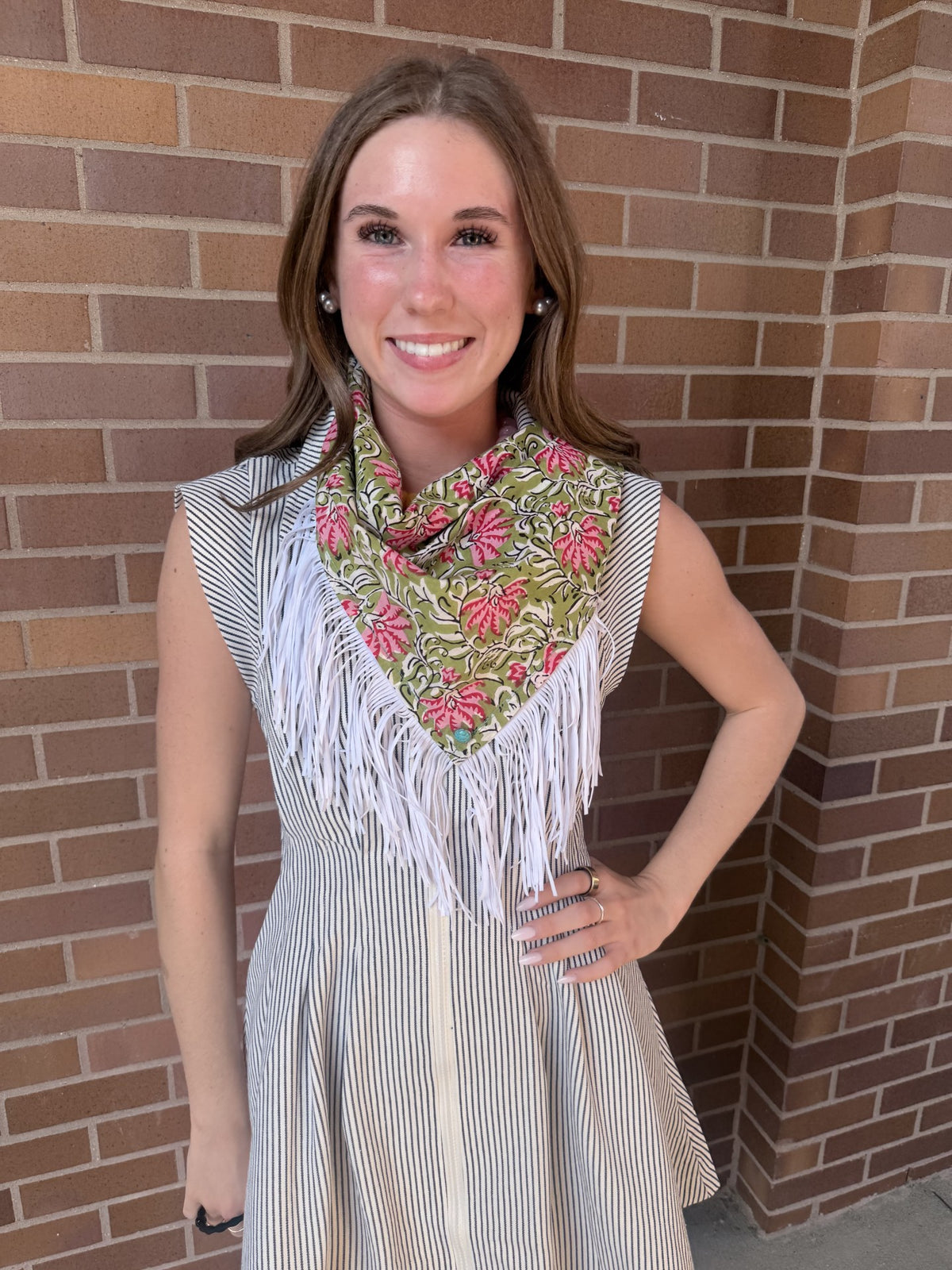 Olive Green and Pink Fringe Scarf