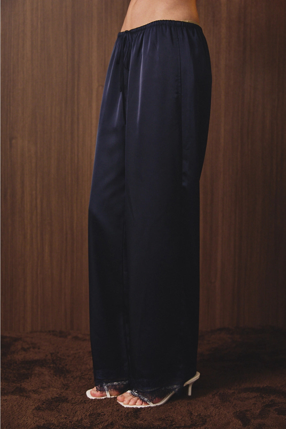 Navy Satin Lace Trim Pants