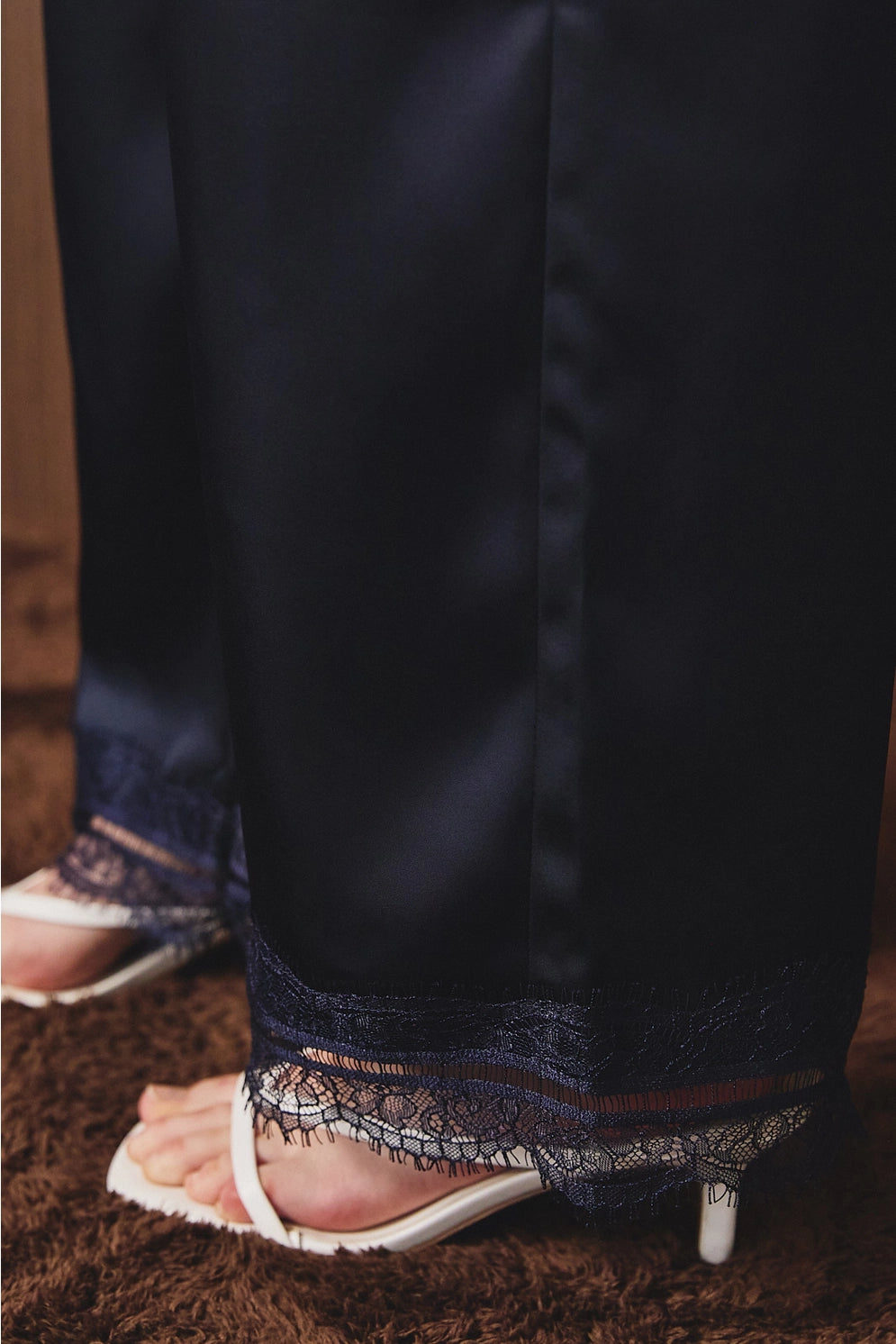 Navy Satin Lace Trim Pants
