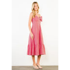 THML Red Pink Checked Midi Bow Dress