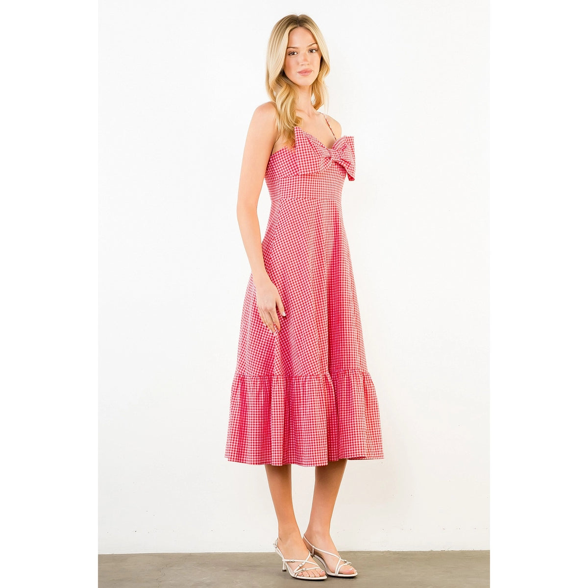 THML Red Pink Checked Midi Bow Dress