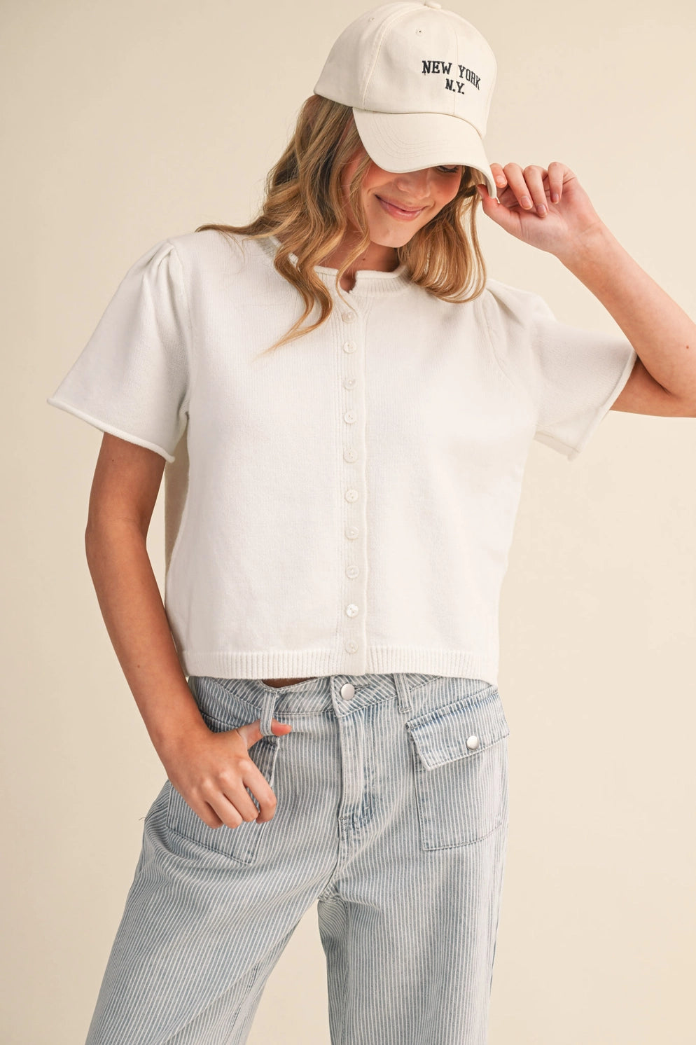 White Short Sleeve Cardigan Sweater