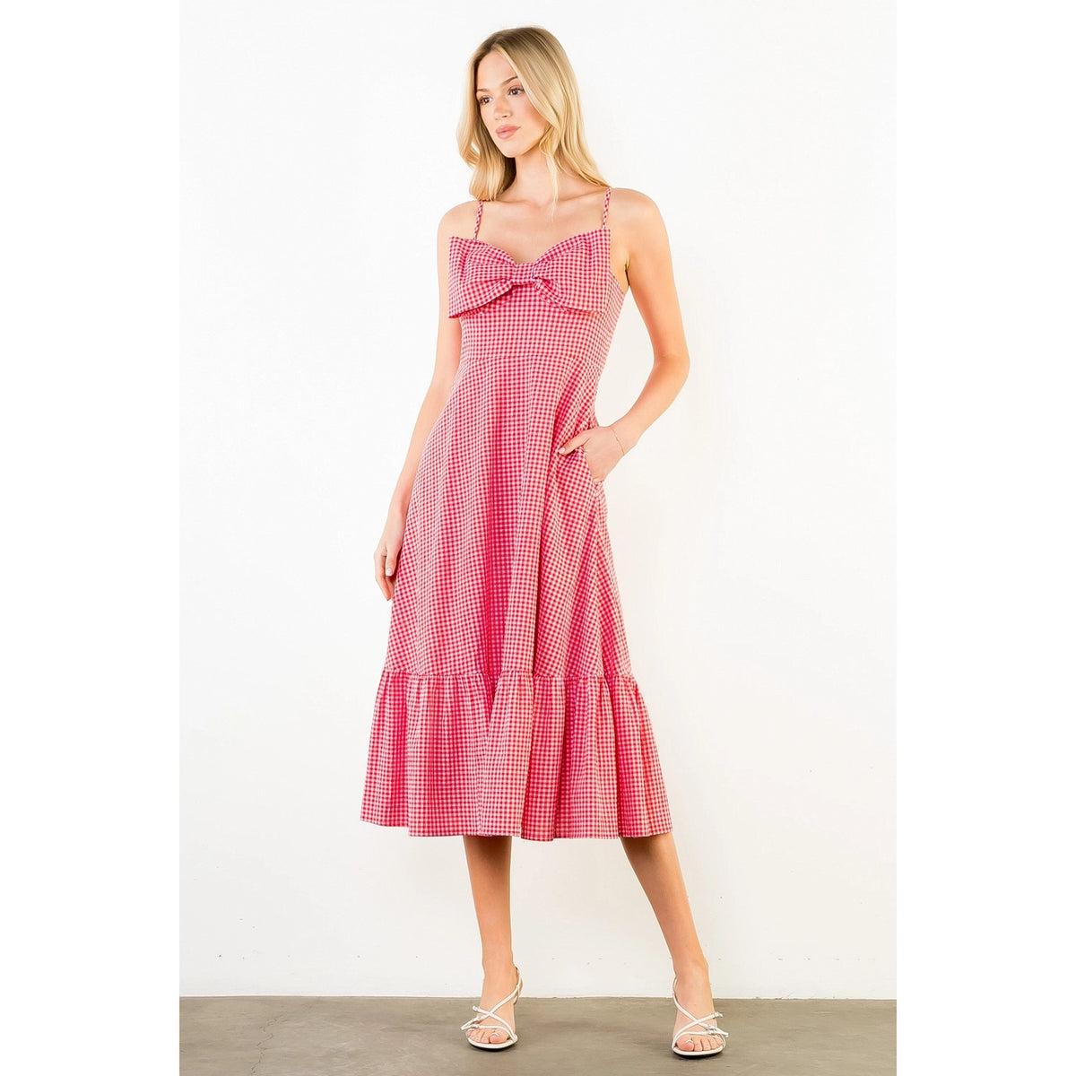 THML Red Pink Checked Midi Bow Dress