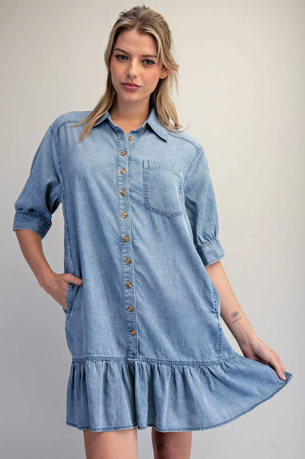 Chambray Light Denim Mini Dress with Ruffle