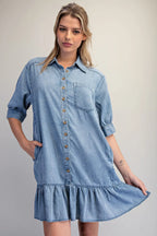 Chambray Light Denim Mini Dress with Ruffle