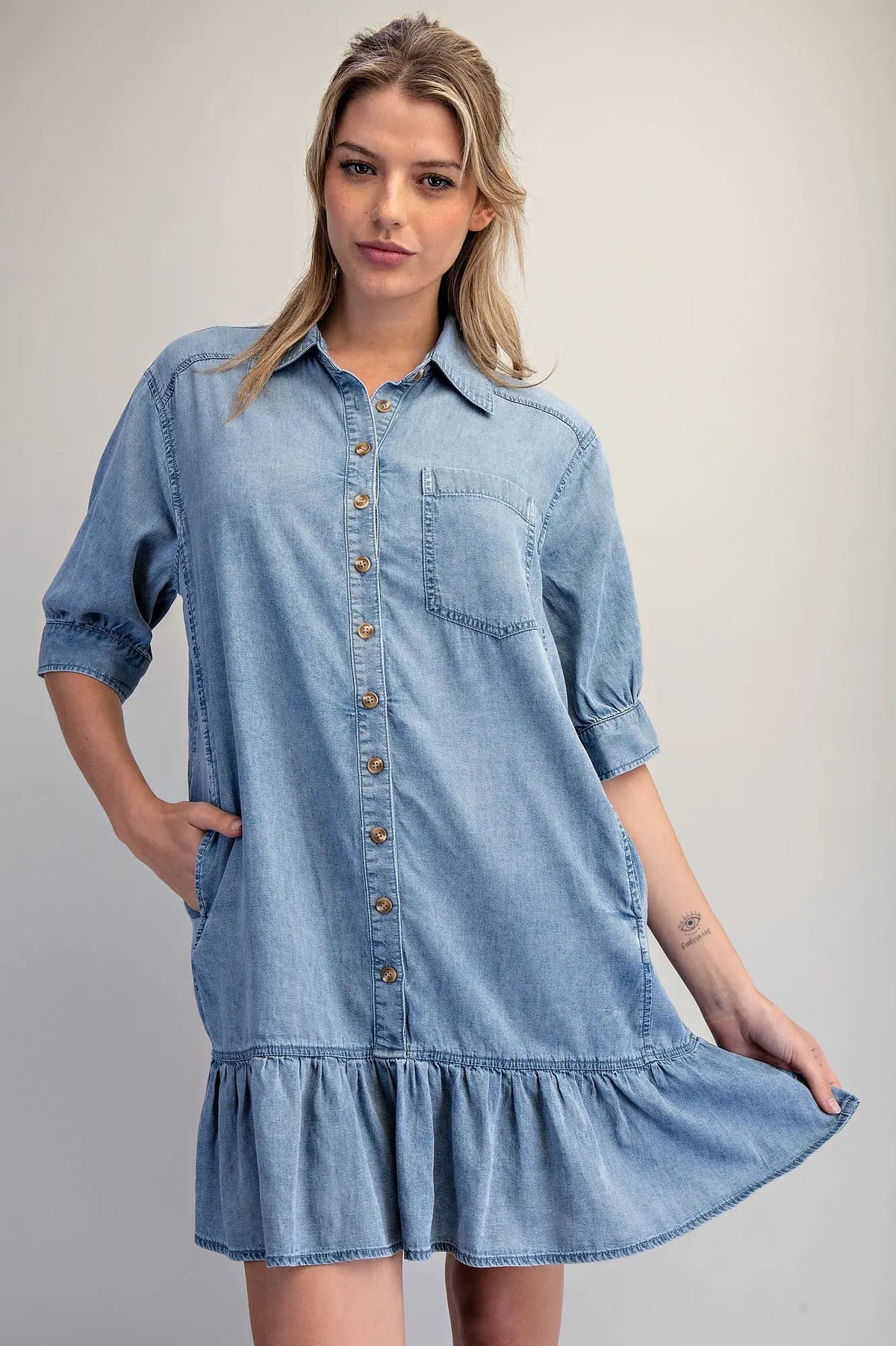 Chambray Light Denim Mini Dress with Ruffle