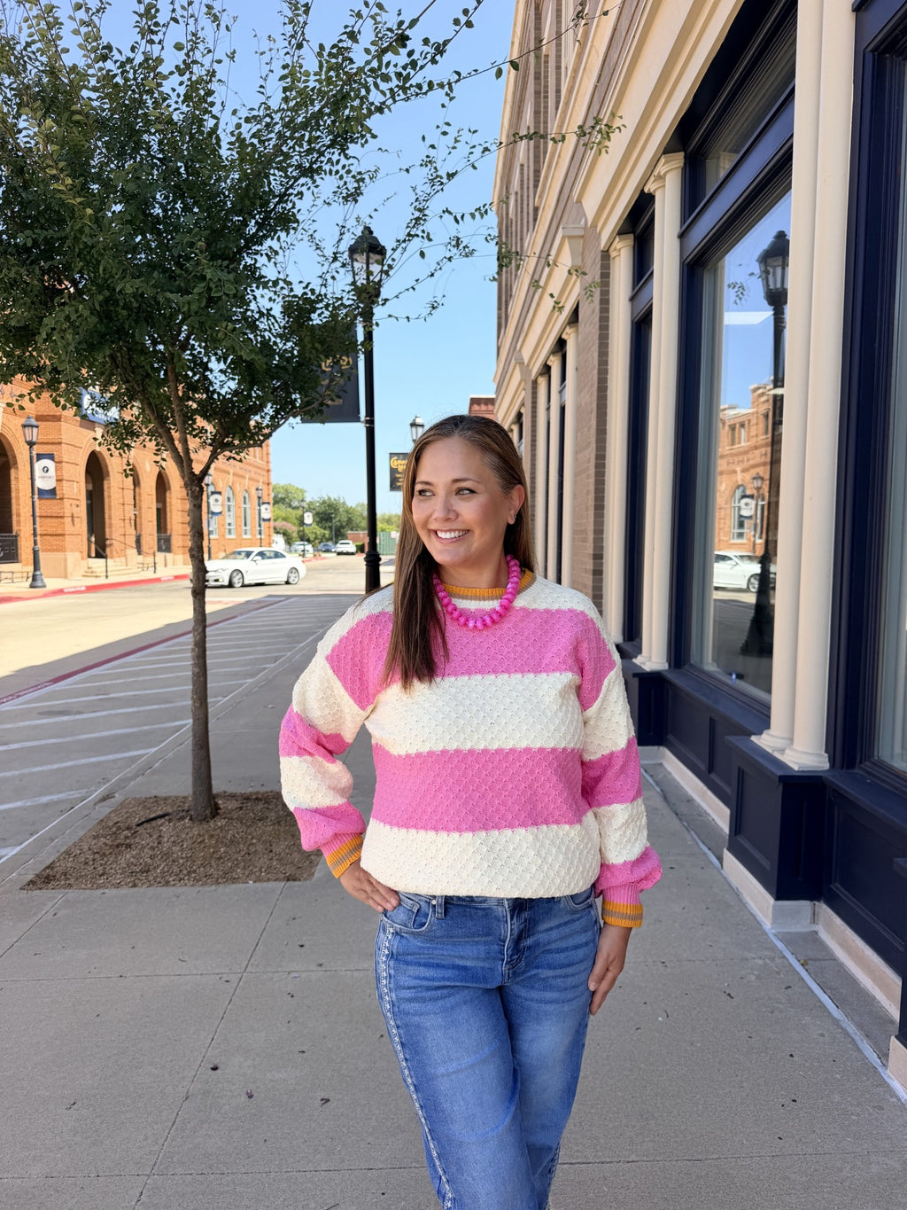 Cream Pink Gold Striped Sweater